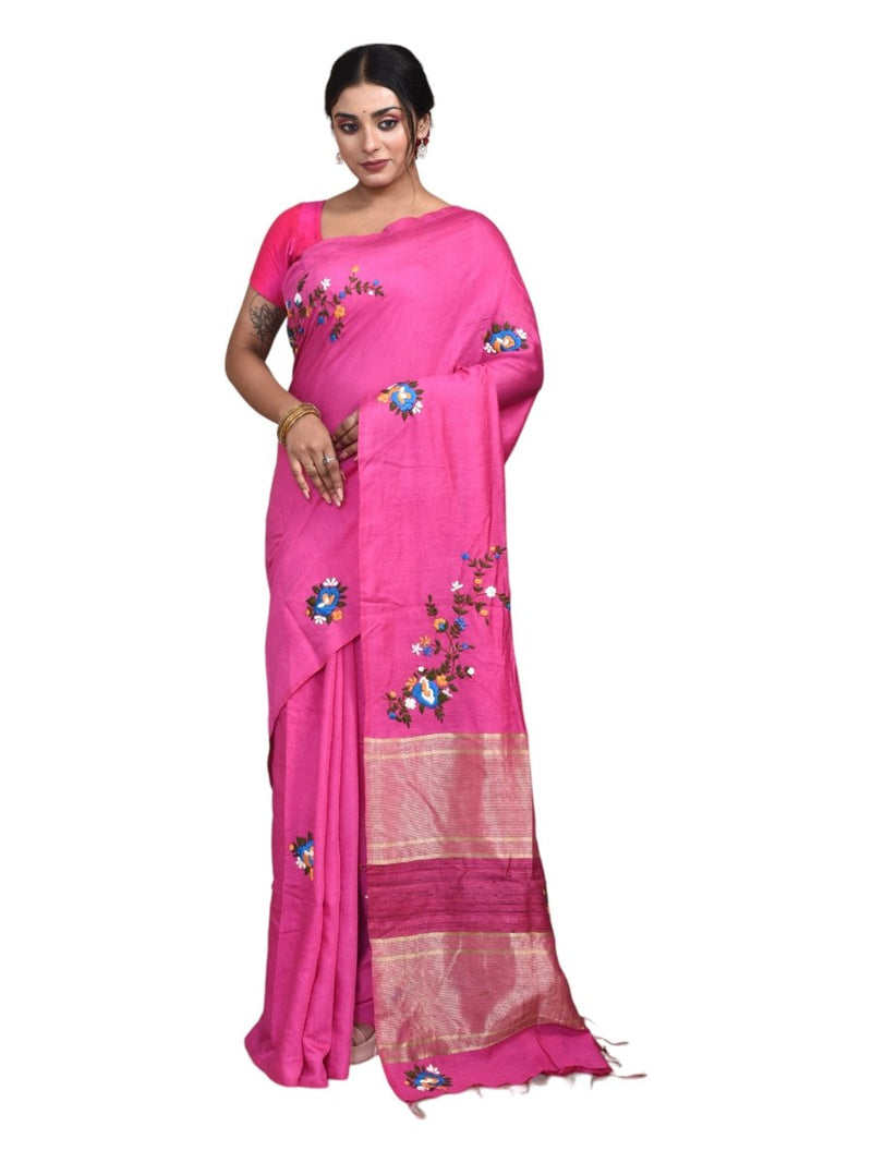 Pink Linen Saree with Floral Design Hand Embroidery | Verified Sustainable by Brown Living™