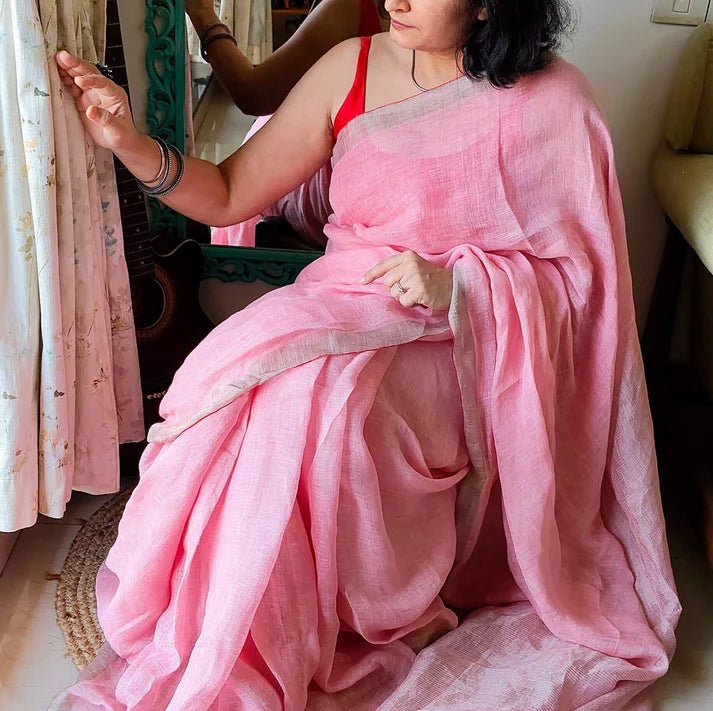 Pink Linen Saree with Zari border – by Forsarees available on Brown Living™. . SKU: K - 1017. Img 1.