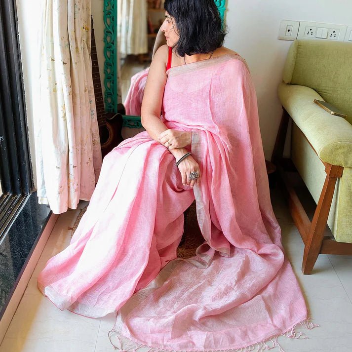 Pink Linen Saree with Zari border – by Forsarees available on Brown Living™. . SKU: K - 1017. Img 4.