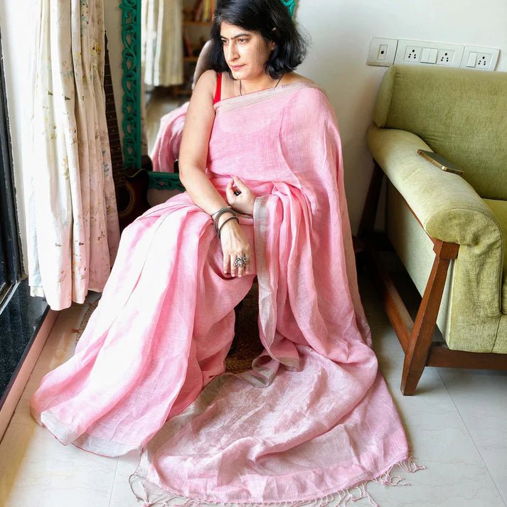 Pink Linen Saree with Zari border – by Forsarees available on Brown Living™. . SKU: K - 1017. Img 3.