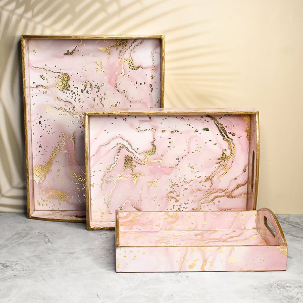 Pink Marble Design Trays with Curved Handles - Pack of 3 | Verified Sustainable by Brown Living™