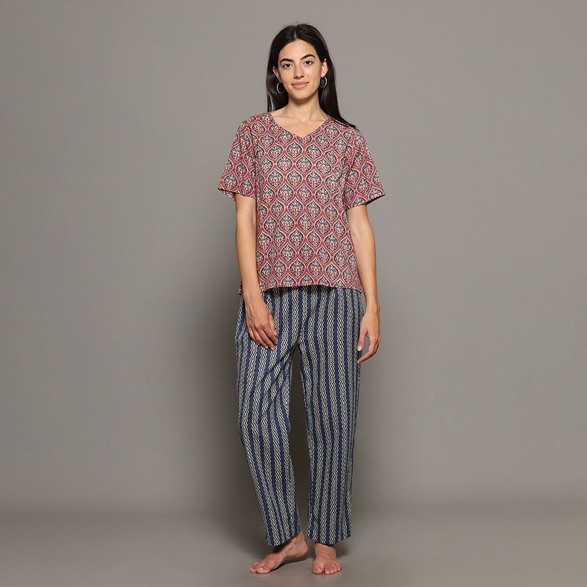 Pink & Navy Cotton Printed Kurta & Pant Co - Ord Set – Loungewear | Verified Sustainable by Brown Living™