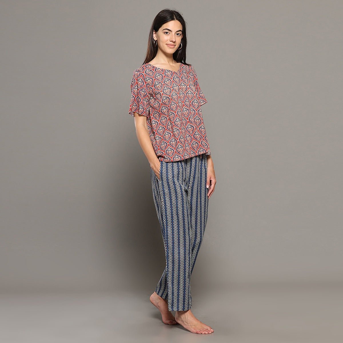 Pink & Navy Cotton Printed Kurta & Pant Co - Ord Set – Loungewear | Verified Sustainable by Brown Living™