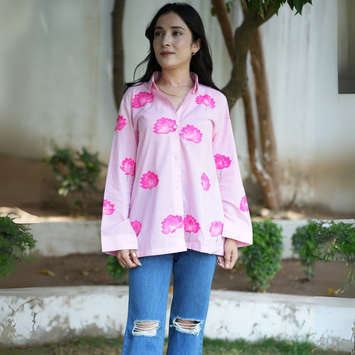 Pink Pure Cotton Hand - Painted Shirt - Lotuses & More | Verified Sustainable by Brown Living™