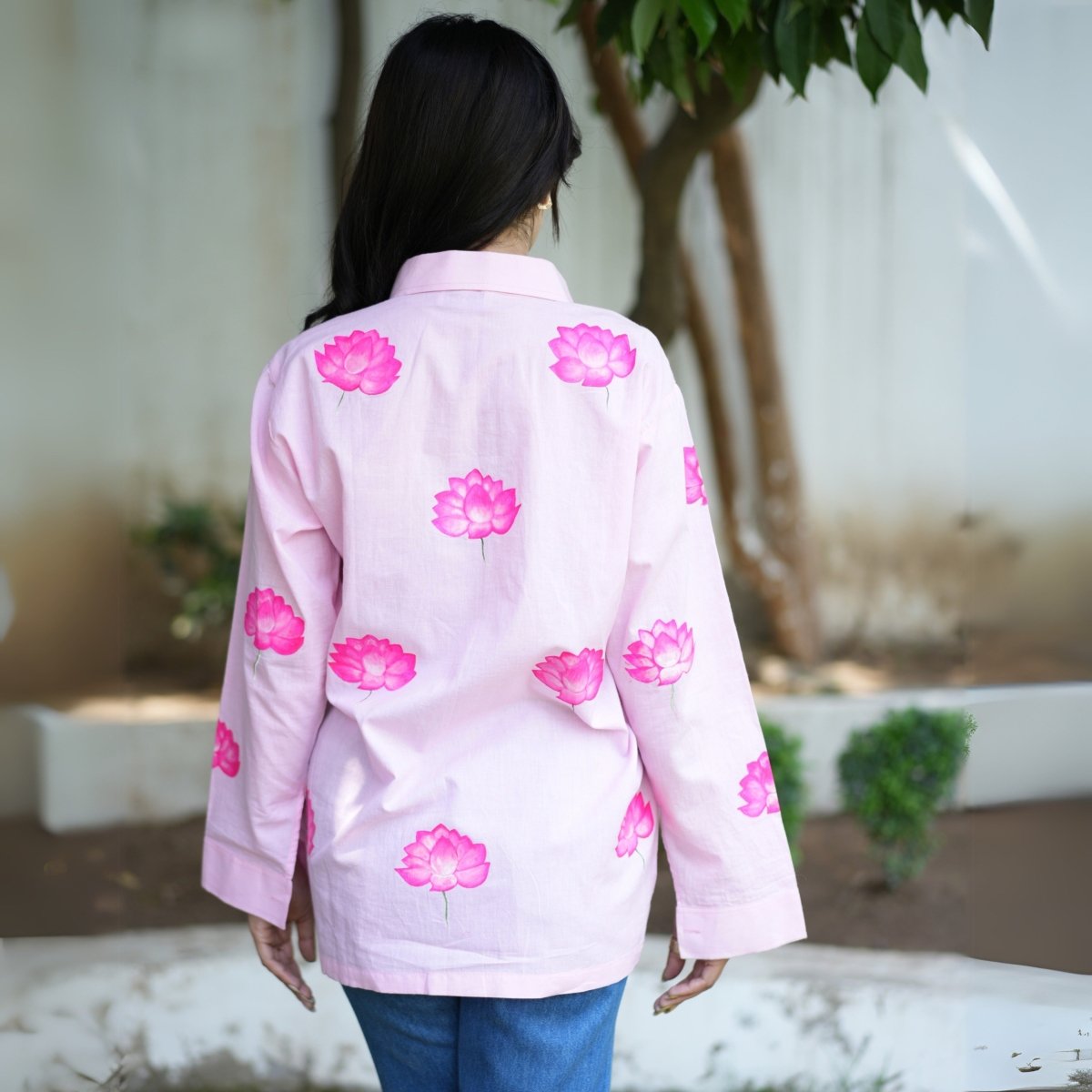 Pink Pure Cotton Hand - Painted Shirt - Lotuses & More | Verified Sustainable by Brown Living™