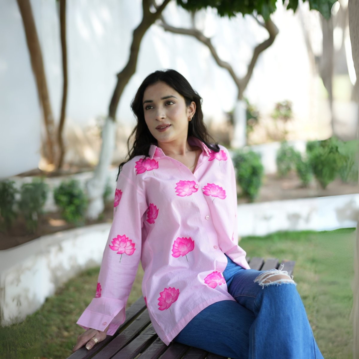 Pink Pure Cotton Hand - Painted Shirt - Lotuses & More | Verified Sustainable by Brown Living™