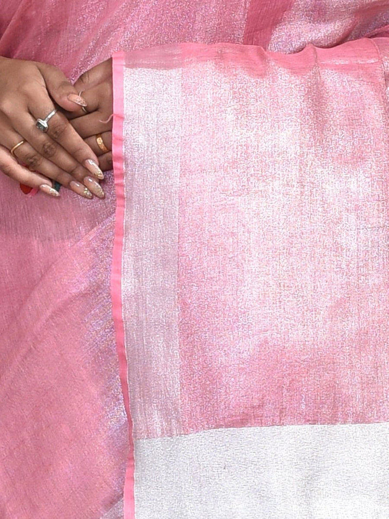 Pink Silver Linen Saree with Rose Design Hand Embroidery | Verified Sustainable by Brown Living™