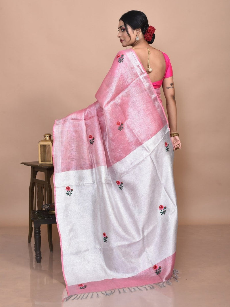 Pink Silver Linen Saree with Rose Design Hand Embroidery | Verified Sustainable by Brown Living™