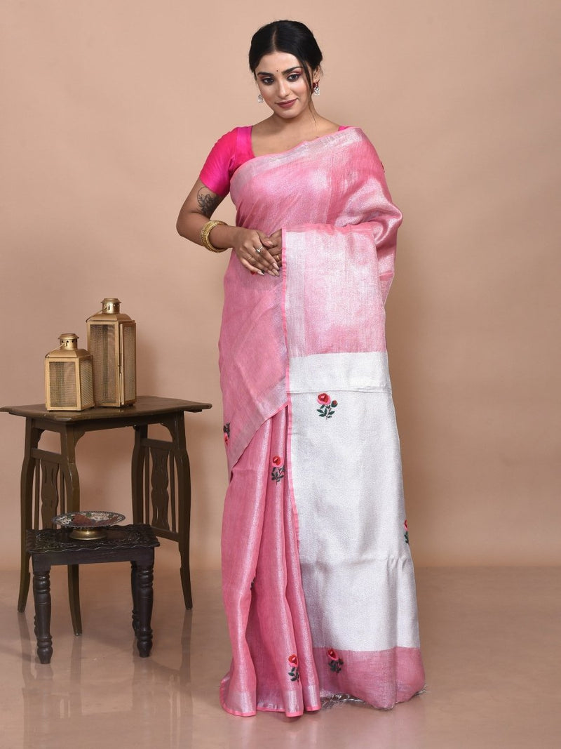 Pink Silver Linen Saree with Rose Design Hand Embroidery | Verified Sustainable by Brown Living™