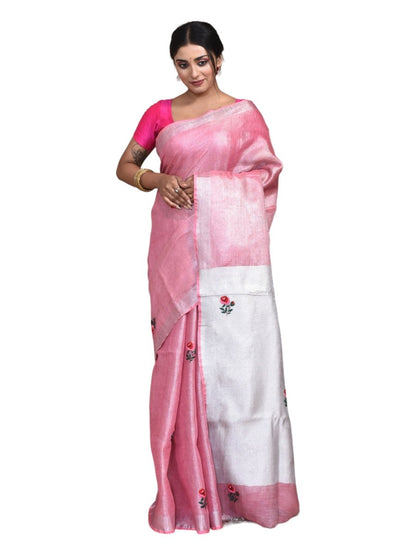 Pink Silver Linen Saree with Rose Design Hand Embroidery | Verified Sustainable by Brown Living™