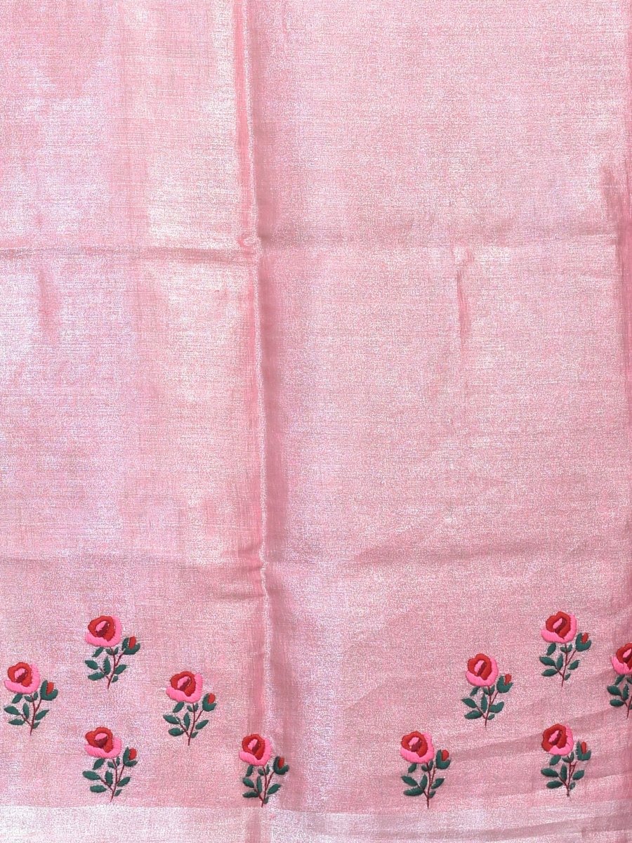 Pink Silver Linen Saree with Rose Design Hand Embroidery | Verified Sustainable by Brown Living™