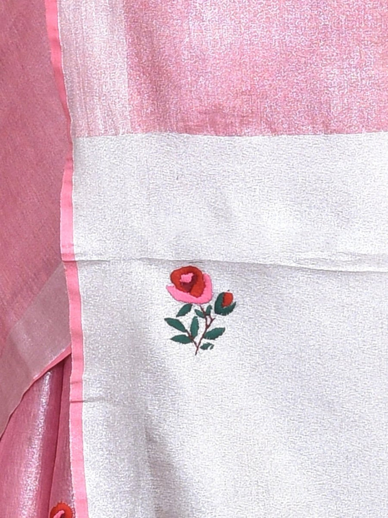 Pink Silver Linen Saree with Rose Design Hand Embroidery | Verified Sustainable by Brown Living™