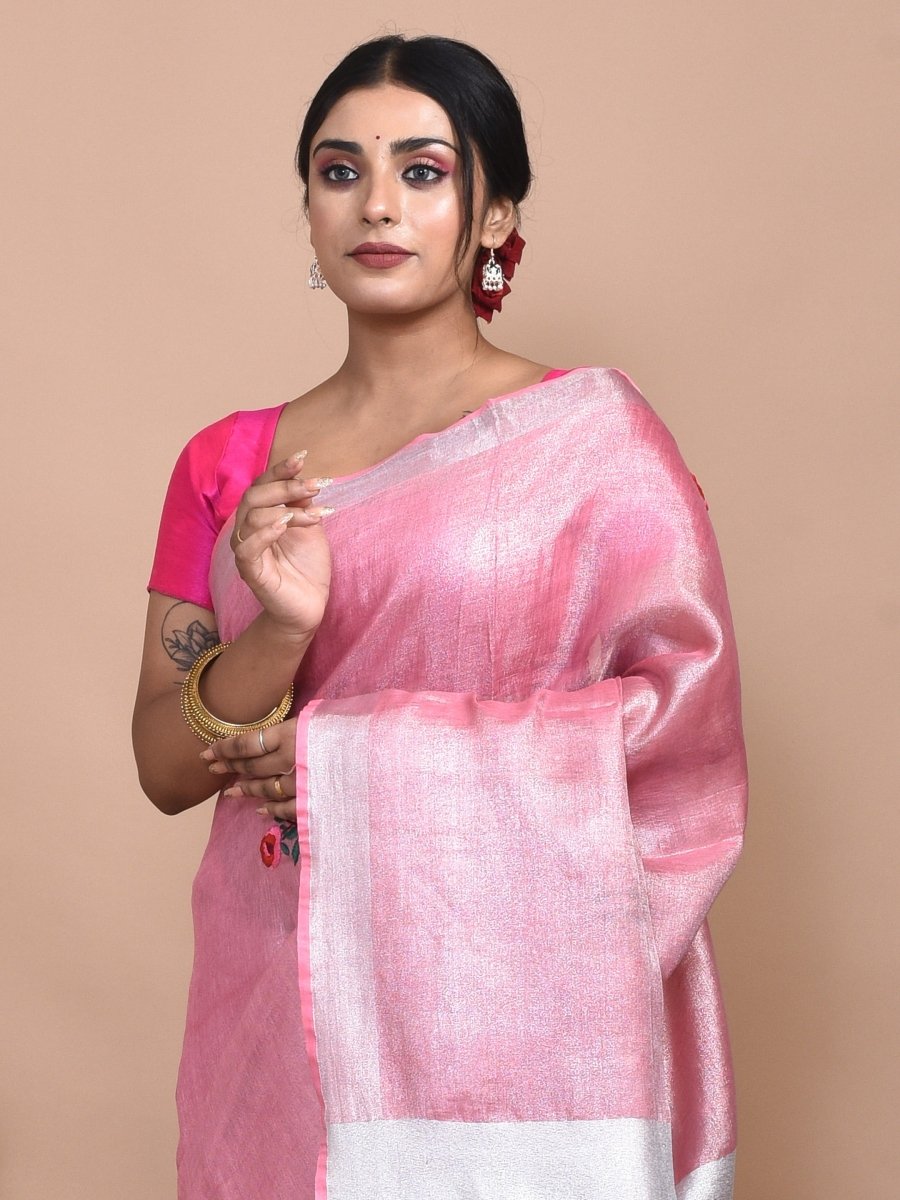 Pink Silver Linen Saree with Rose Design Hand Embroidery | Verified Sustainable by Brown Living™