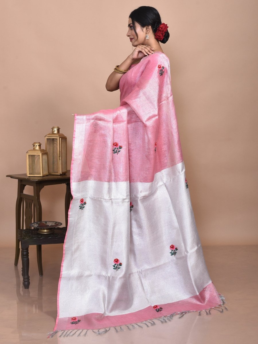 Pink Silver Linen Saree with Rose Design Hand Embroidery | Verified Sustainable by Brown Living™