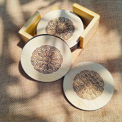 Premium Durable Wooden Coaster Set (Set of 5) – Coasters on Brown Living™. SKU: BL - JB - 03. Img 2.