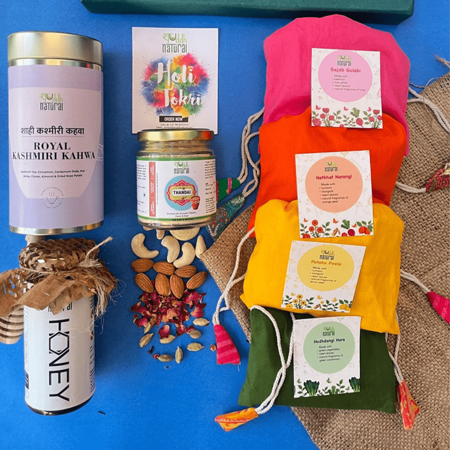 Premium Holi Gift Box | Herbal Gulal, Thandai, Kahwa & Natural Honey | Set of 8 | Verified Sustainable by Brown Living™