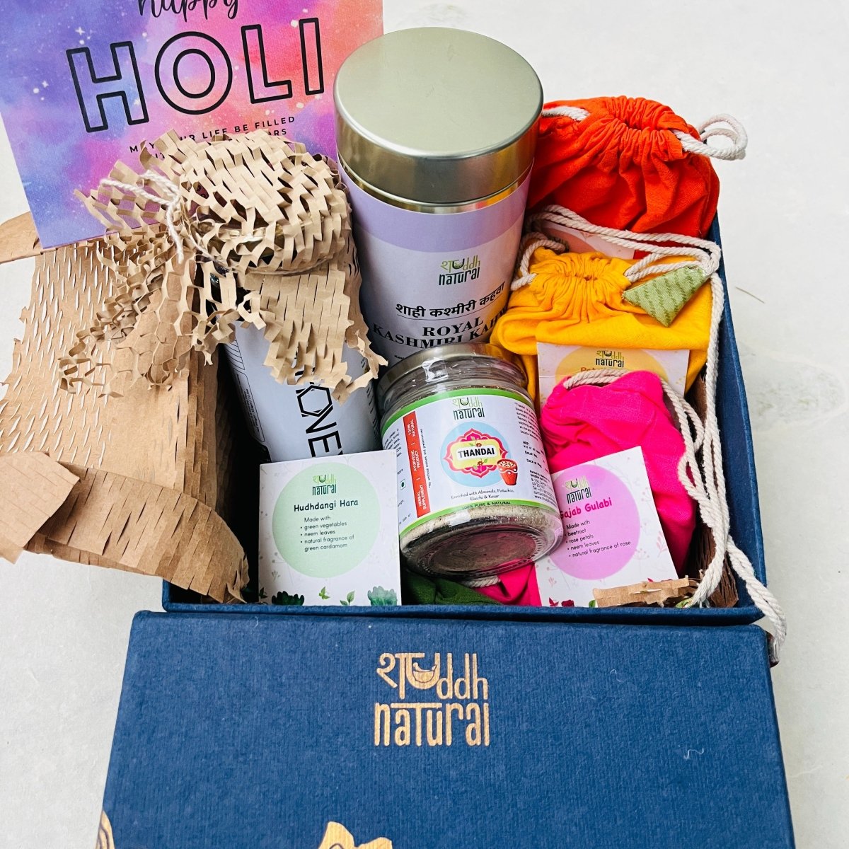 Premium Holi Gift Box | Herbal Gulal, Thandai, Kahwa & Natural Honey | Set of 8 | Verified Sustainable by Brown Living™