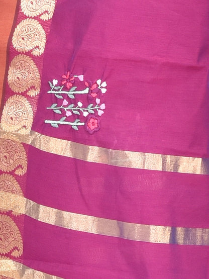 Purple South Cotton Saree with Floral Design Hand Embroidery and Kolki Zari Border | Verified Sustainable by Brown Living™