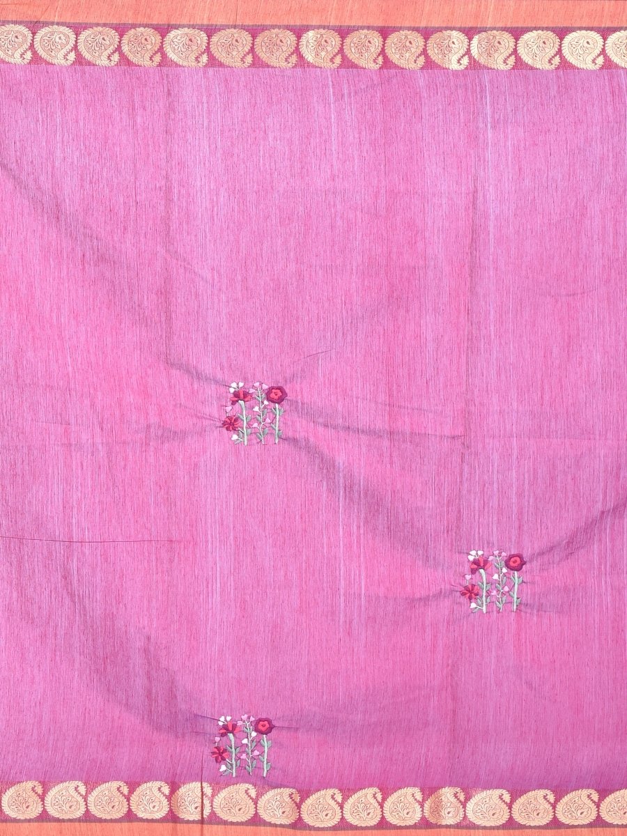 Purple South Cotton Saree with Floral Design Hand Embroidery and Kolki Zari Border | Verified Sustainable by Brown Living™