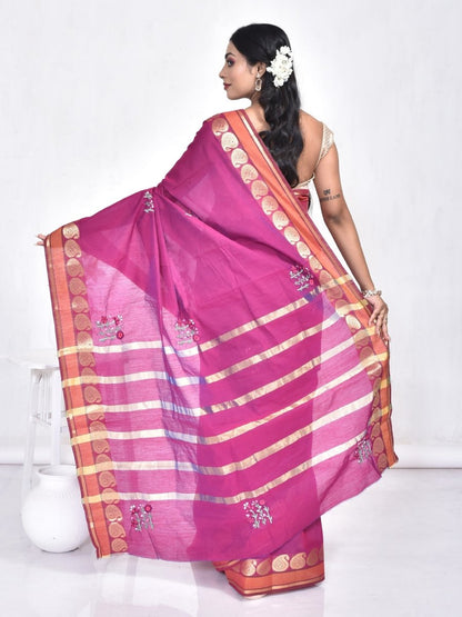 Purple South Cotton Saree with Floral Design Hand Embroidery and Kolki Zari Border | Verified Sustainable by Brown Living™