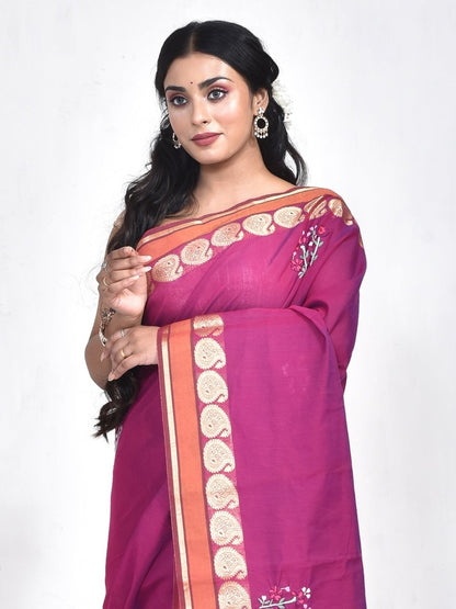 Purple South Cotton Saree with Floral Design Hand Embroidery and Kolki Zari Border | Verified Sustainable by Brown Living™