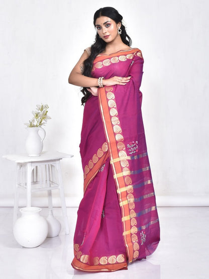 Purple South Cotton Saree with Floral Design Hand Embroidery and Kolki Zari Border | Verified Sustainable by Brown Living™