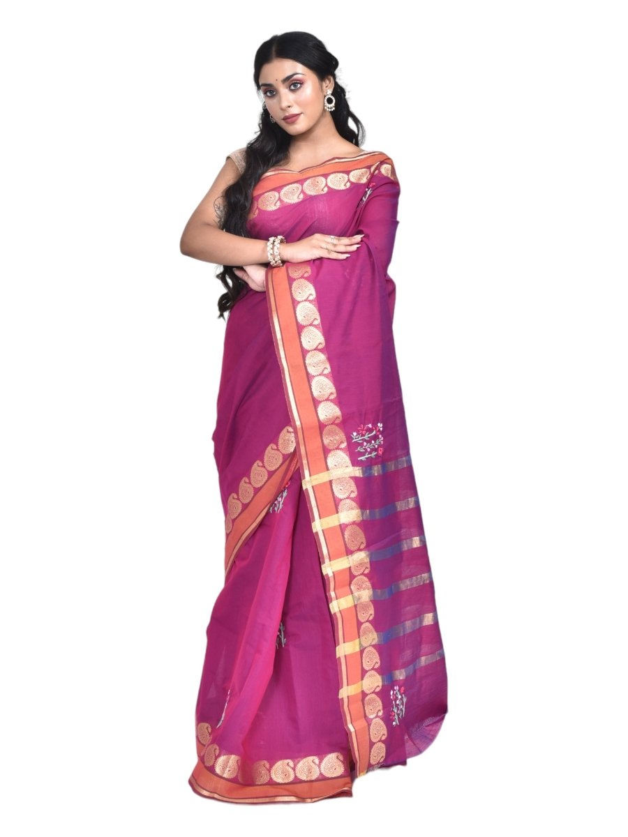 Purple South Cotton Saree with Floral Design Hand Embroidery and Kolki Zari Border | Verified Sustainable by Brown Living™