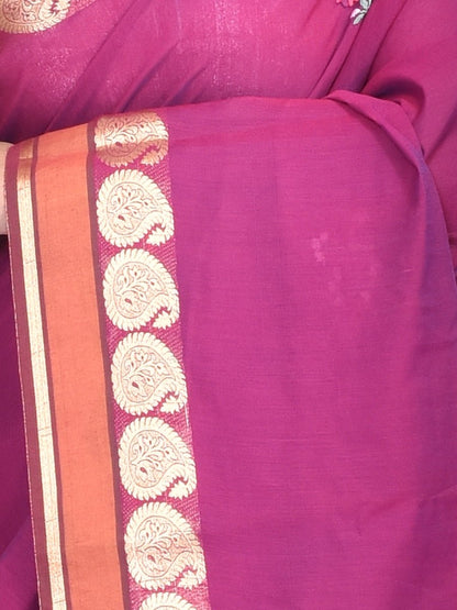 Purple South Cotton Saree with Floral Design Hand Embroidery and Kolki Zari Border | Verified Sustainable by Brown Living™