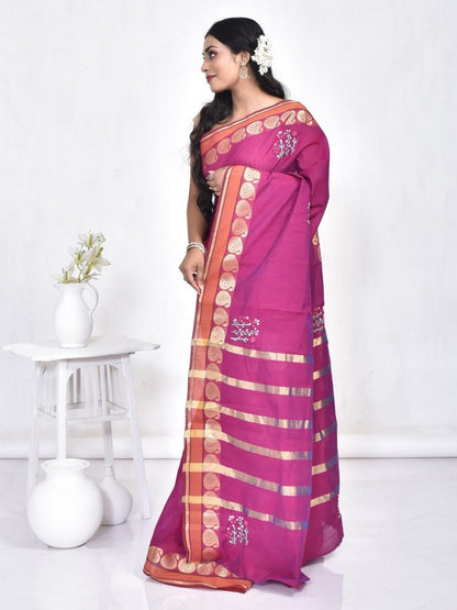 Purple South Cotton Saree with Floral Design Hand Embroidery and Kolki Zari Border | Verified Sustainable by Brown Living™