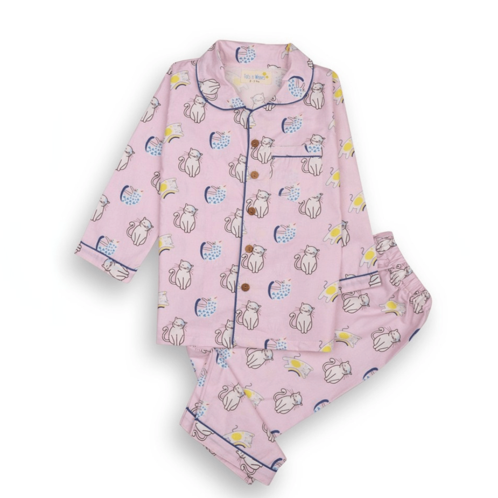 Purr - fect Set Unisex Kids Cotton Night Suit, Collar Pajama Set | Verified Sustainable by Brown Living™