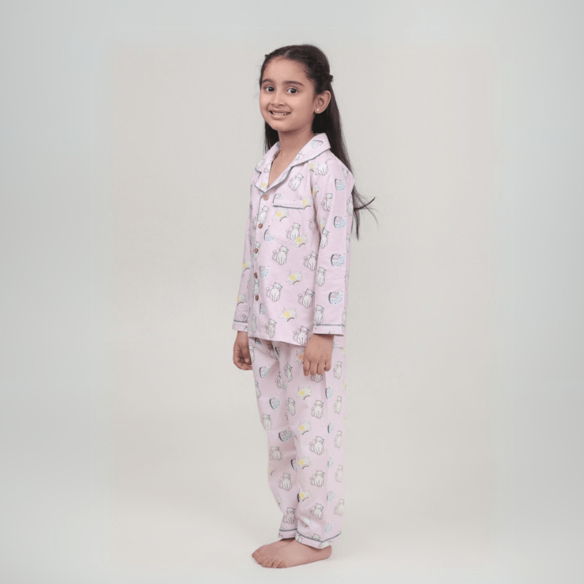 Purr - fect Set Unisex Kids Cotton Night Suit, Collar Pajama Set | Verified Sustainable by Brown Living™