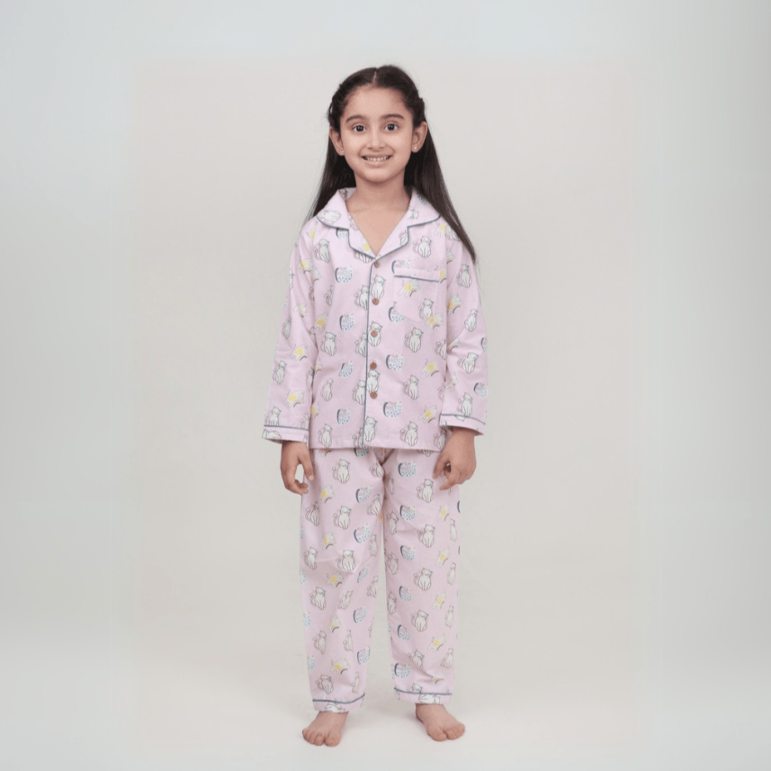 Purr - fect Set Unisex Kids Cotton Night Suit, Collar Pajama Set | Verified Sustainable by Brown Living™