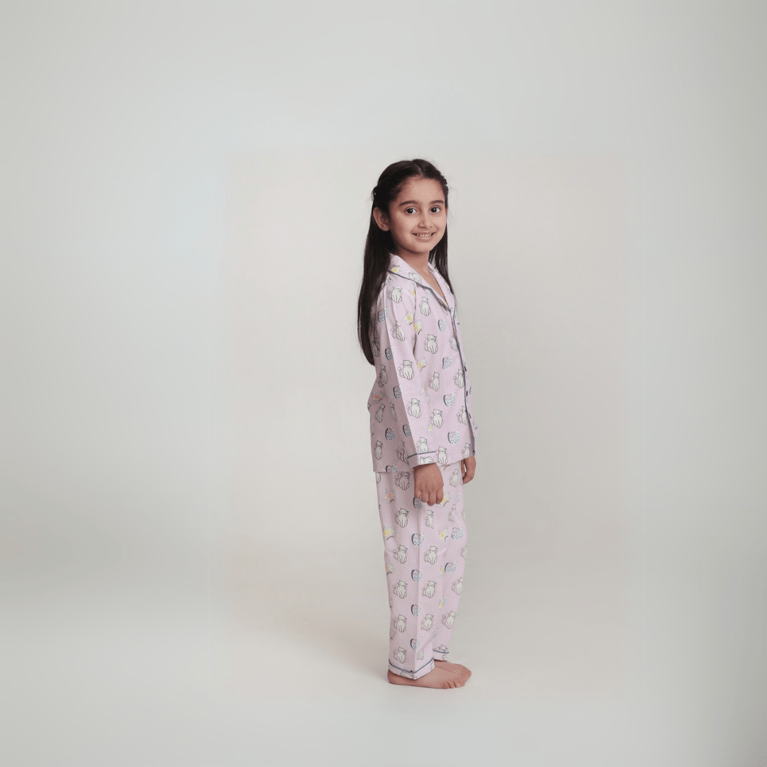 Purr - fect Set Unisex Kids Cotton Night Suit, Collar Pajama Set | Verified Sustainable by Brown Living™