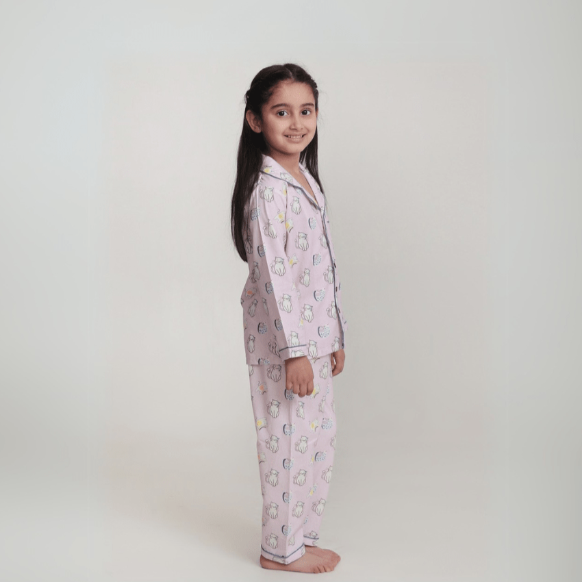 Purr - fect Set Unisex Kids Cotton Night Suit, Collar Pajama Set | Verified Sustainable by Brown Living™