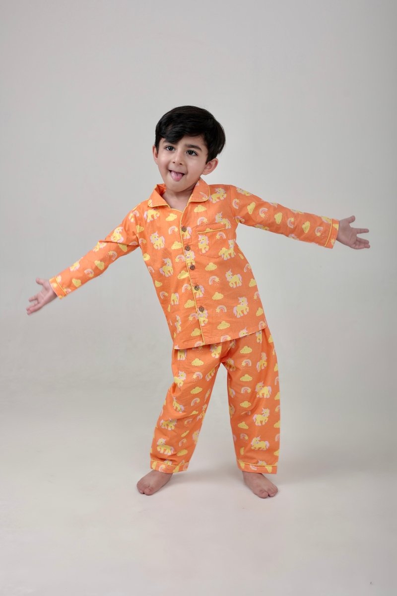 Rainbow Riders Unisex Kids Cotton Night Suit, Collar Pajama Set | Verified Sustainable by Brown Living™