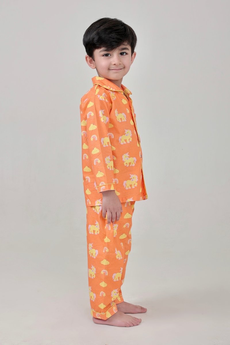 Rainbow Riders Unisex Kids Cotton Night Suit, Collar Pajama Set | Verified Sustainable by Brown Living™