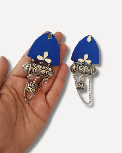 Rainvas Blue Mirror Kundan Oxidized Jhumka Earrings with Chain | Verified Sustainable by Brown Living™