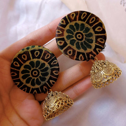 Rainvas Dark Green Printed Earrings with Golden Bottom | Verified Sustainable by Brown Living™