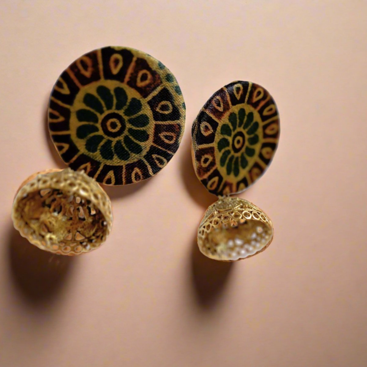 Rainvas Dark Green Printed Earrings with Golden Bottom | Verified Sustainable by Brown Living™