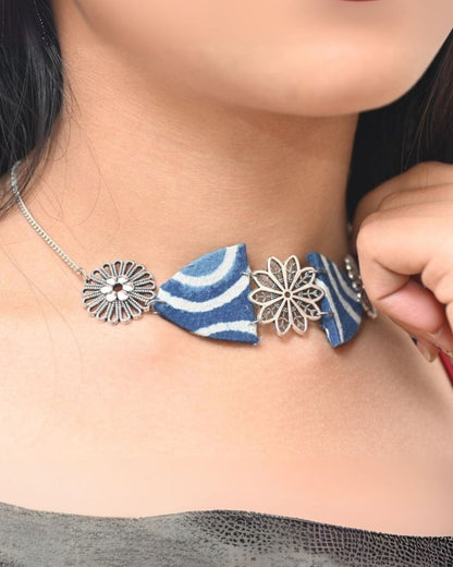 Rainvas Indigo Blue Print Oxidized Silver Choker Necklace | Verified Sustainable by Brown Living™