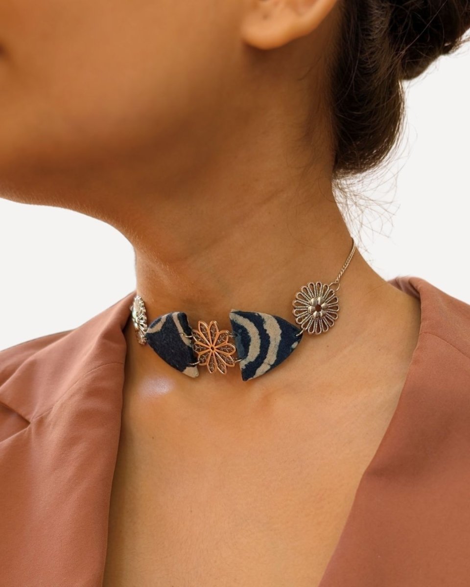 Rainvas Indigo Blue Print Oxidized Silver Choker Necklace | Verified Sustainable by Brown Living™