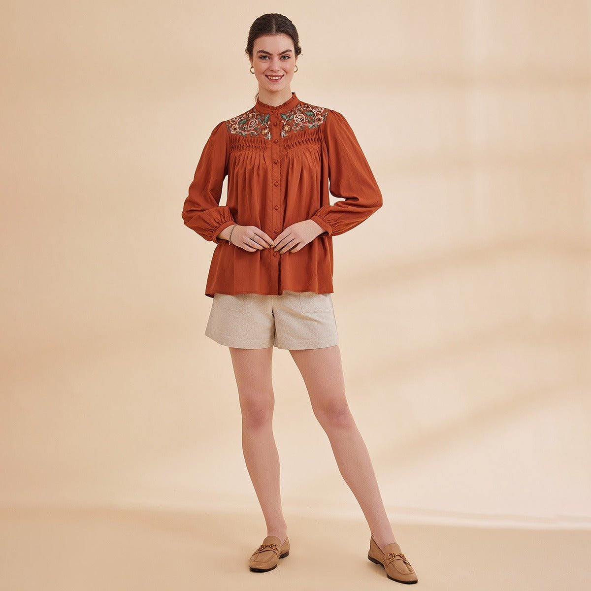 Reah - Rust Organic Bamboo Embroidered Shirt | Verified Sustainable by Brown Living™