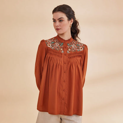 Reah - Rust Organic Bamboo Embroidered Shirt | Verified Sustainable by Brown Living™