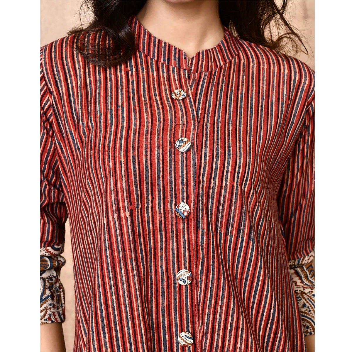 Red Ajrakh Block Printed Shirt Dress | Verified Sustainable by Brown Living™