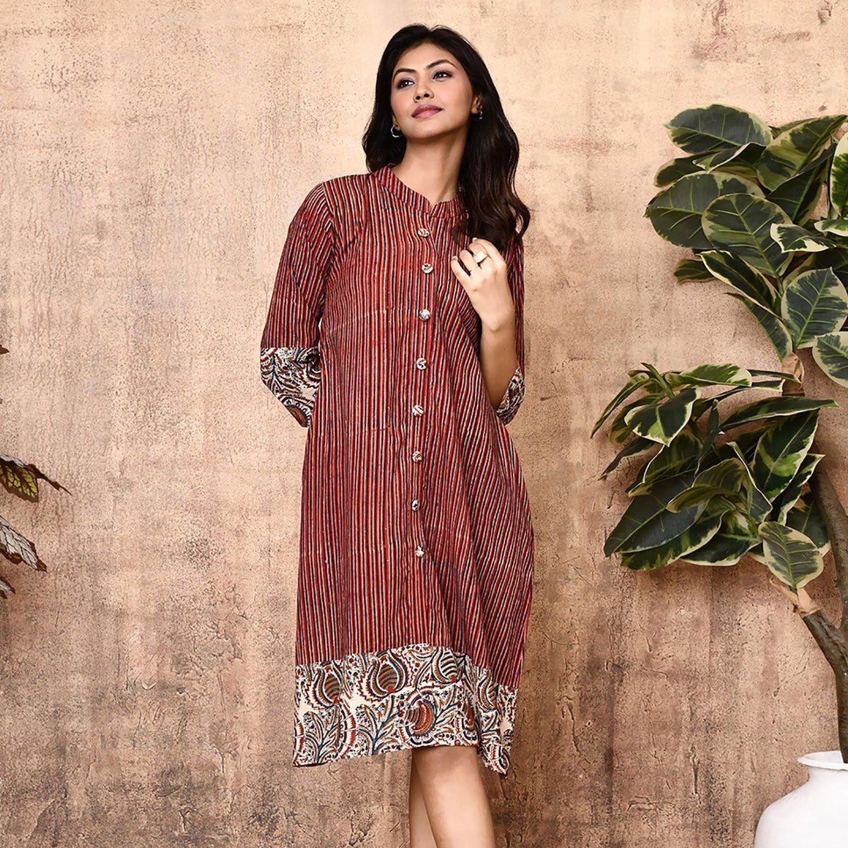 Red Ajrakh Block Printed Shirt Dress | Verified Sustainable by Brown Living™