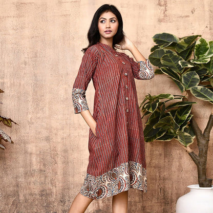 Red Ajrakh Block Printed Shirt Dress | Verified Sustainable by Brown Living™