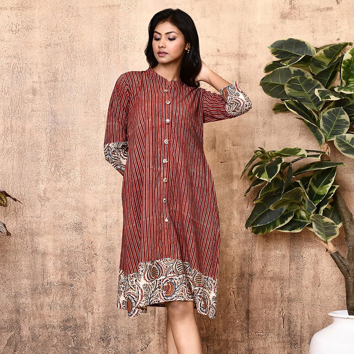 Red Ajrakh Block Printed Shirt Dress | Verified Sustainable by Brown Living™