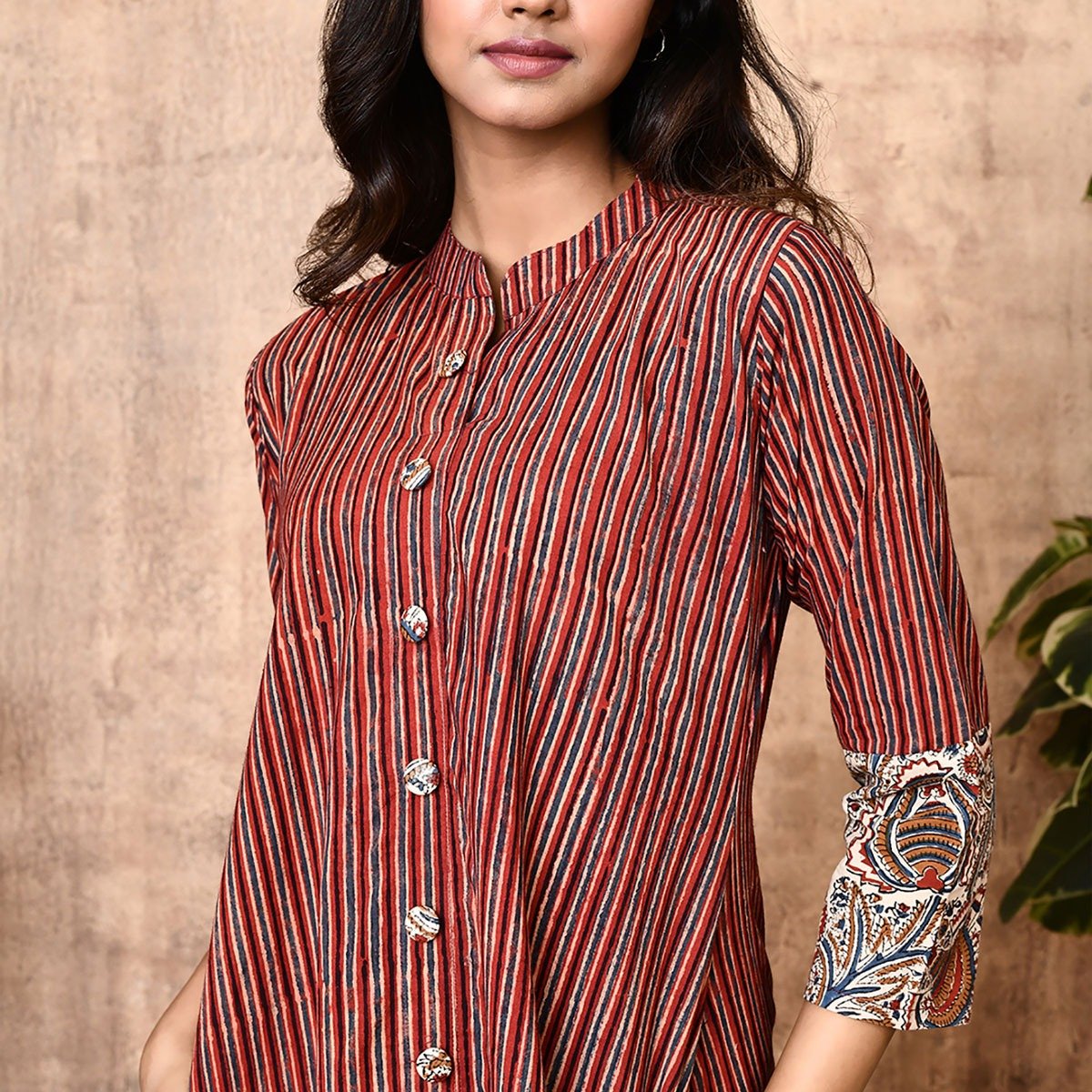 Red Ajrakh Block Printed Shirt Dress | Verified Sustainable by Brown Living™