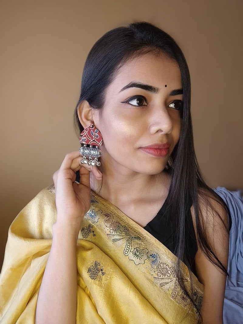 Red and Silver Fabric Ghungroo Earrings | Verified Sustainable by Brown Living™