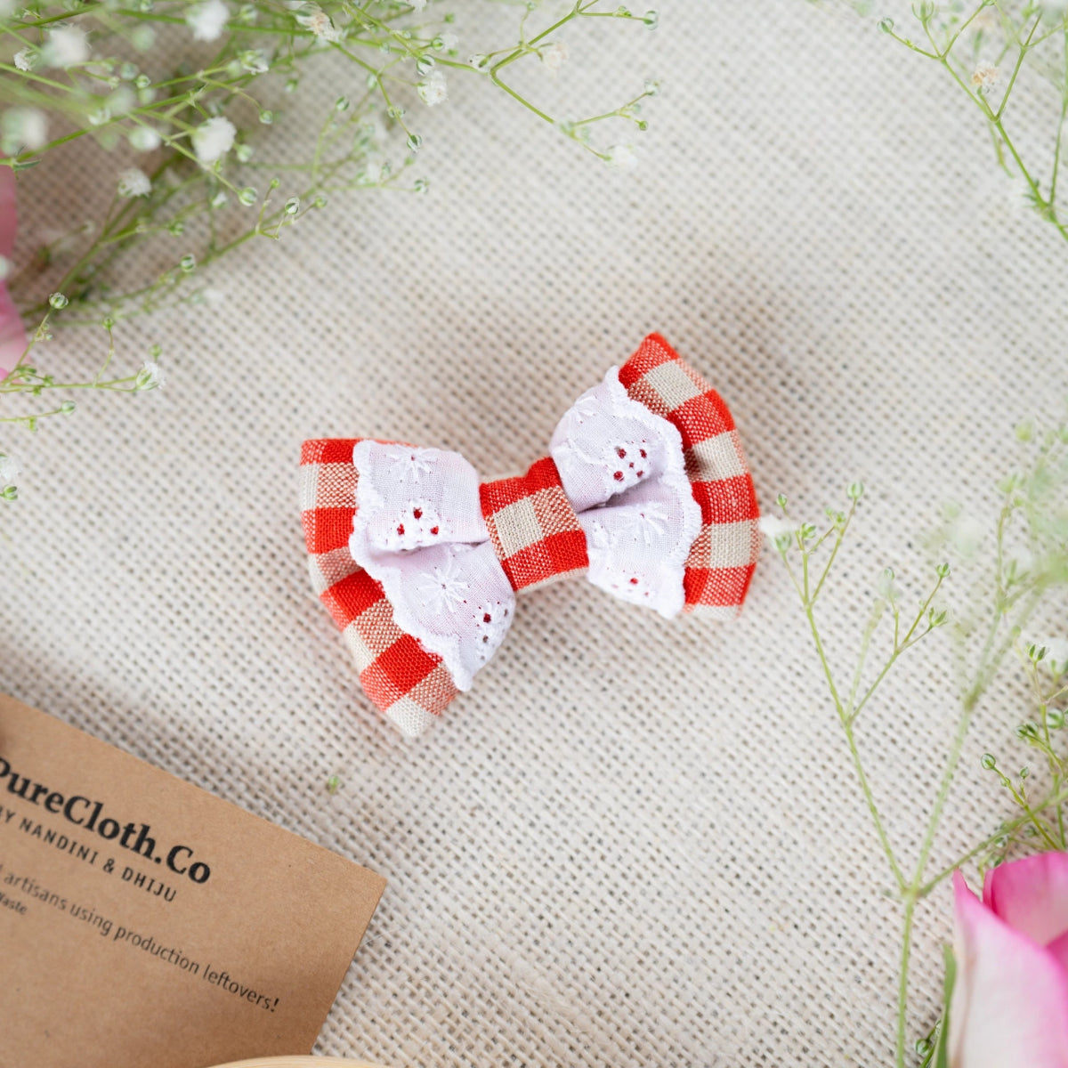 Red Check Lace Mini Hair Bow for Infants | Verified Sustainable by Brown Living™